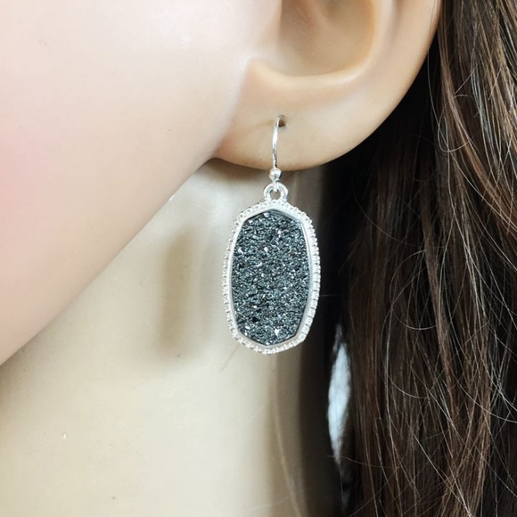 Gray + Silver Etched Oval Earrings - Picture 3 of 3